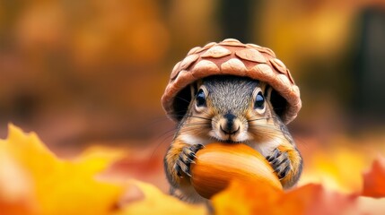 Obraz premium Squirrel is holding an orange pumpkin in its mouth. The scene is set in autumn, with leaves scattered around the ground. Concept of playfulness and curiosity