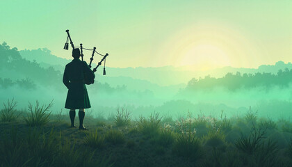 Piper in a kilt playing bagpipes against a misty landscape