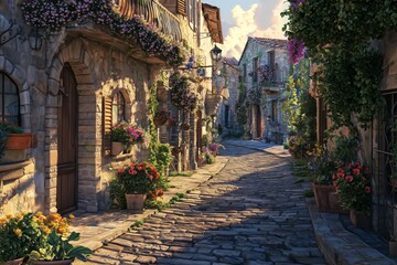 Fototapeta premium Charming Cobblestone Lane: A picturesque cobblestone street winds through a charming village, lined with stone houses adorned with vibrant flowers and lush greenery.