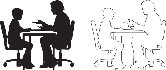 Silhouette of a teacher and student sitting at a desk, outline vector silhouette