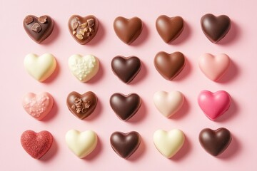 Obraz premium A flat lay of heart - shaped chocolates arranged on a light pink background with blank space Valentine’s Day card