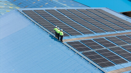 Professional Engineer Team Service Solar Panel. Worker Maintenance Cleaning Replacing Solar Panel.