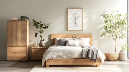 Fototapeta premium Minimalist bedroom with blurred background of bedside lamps and decor 
