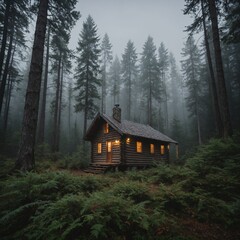 A foggy forest morning with a small wooden cabin nestled among the trees.