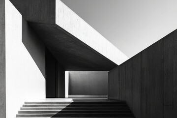 Fototapeta premium Modernist Architecture: A striking black and white photograph of a minimalist concrete structure, bathed in the soft glow of natural light. The interplay of light and shadow, sharp angles.