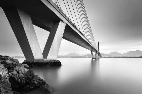Bridge Under Construction: A bridge's majestic structure takes center stage against a tranquil waterscape. The focus on the underside of the bridge, where the concrete pillars meet the water.