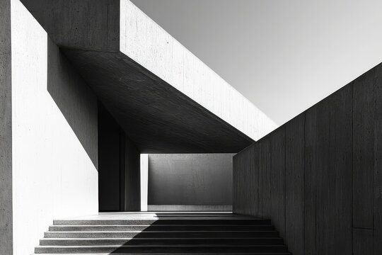 Modernist Architecture: A striking black and white photograph of a minimalist concrete structure, bathed in the soft glow of natural light. The interplay of light and shadow, sharp angles.