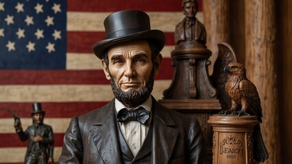 A lifelike wooden carving of Abraham Lincoln, depicted with his famous top hat and beard, holding the Emancipation Proclamation, surrounded by carved eagles and American flags.