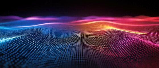 Digital hologram grid with vibrant flowing data streams and a futuristic backdrop