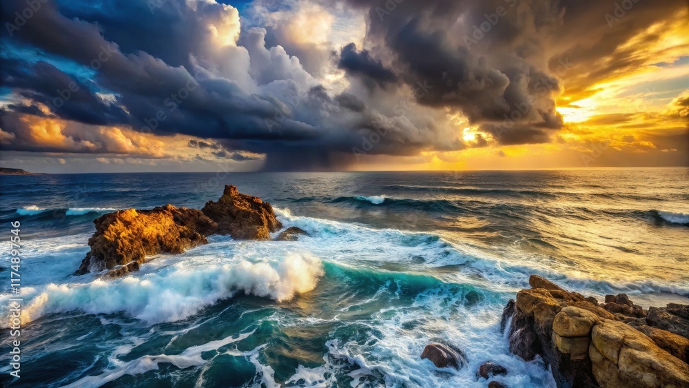 Canvas Prints Dramatic Ocean Sunset with Crashing Waves and Dark Storm Clouds