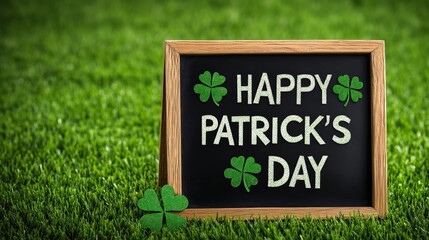 Obraz premium Blackboard with the words Happy St. Patrick's Day written on it. The board is placed on a green field