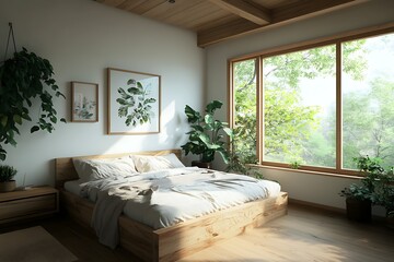 Minimalist bedroom with blurred background of bedside lamps and decor 