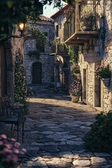 Obraz premium Sun-Drenched Stone Street: A picturesque cobblestone alleyway in a charming European village, bathed in warm sunlight. Flowers bloom in window boxes, adding to the idyllic ambiance. 