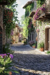 Obraz premium Cobblestone Pathway: A picturesque cobblestone street winds through a charming, sun-drenched village. Lush greenery adorns the quaint stone buildings, with vibrant flowers cascading from window boxes.