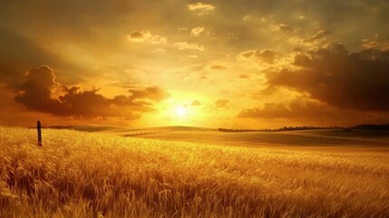 A field of golden grass with a single fence post under a wide, open sky.