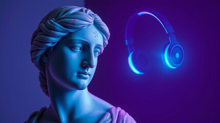  a serene ancient Greek marble sculpture of a woman, lost in thought, listening to music through modern headphones