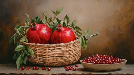A fresh pomegranate showcased in a delicate basket, with seeds glistening in a nearby bowl.