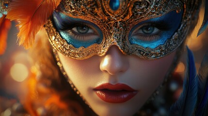 A young woman of Caucasian descent in an ornate mask and vibrant makeup exudes mystery and allure.