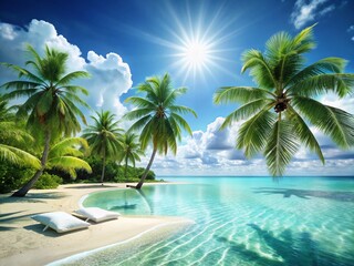 Fototapeta premium Lush Tropical Paradise: 3D Render of Relaxing Beach Scene for Vacation Promotion