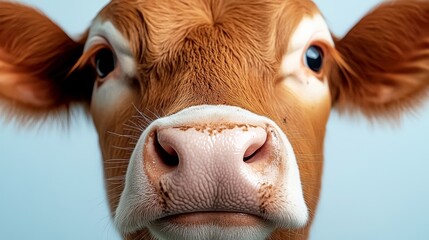 Close up of a cow's face with a white nose. The cow's eyes are open and staring at the camera