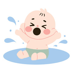 Upset Baby Crying in Water Adorable Infant in Diaper Splashing Sad Child Illustration