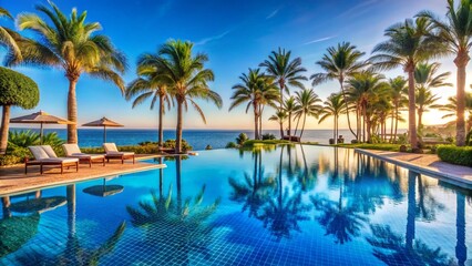 Fototapeta premium luxury swimming pool in opulent hotel resort, surrounded by swaying palm trees and set against backdrop of a clear blue sky, offers a breathtaking panoramic view of sparkling water, creating an idylli