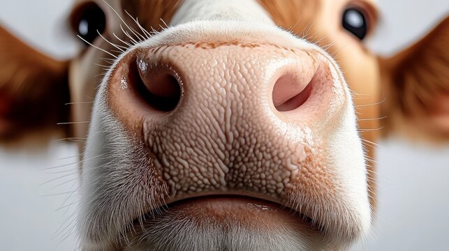 Close up of a cow's nose with a white background. The nose is large and prominent, and the cow's eyes are staring straight ahead. Concept of curiosity and focus