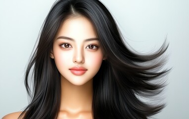 Naklejka premium Woman with long black hair is smiling and looking at the camera. The hair is styled in a way that it is blowing in the wind