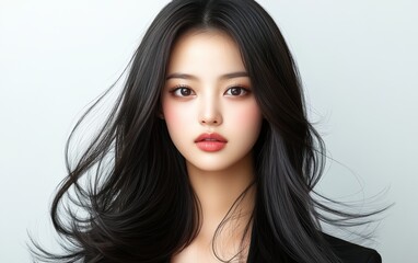 Fototapeta premium Woman with long black hair and a red lipstick. She has a serious expression on her face