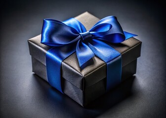 Fototapeta premium Luxurious Black Gift Box with Silky Blue Ribbon Bow - Elegant Dark Background