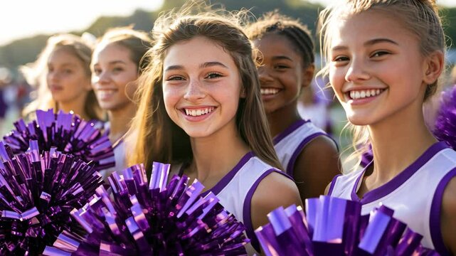 Cheerleaders celebrate a spirited moment during a sunny practice on the field with purple pom poms
