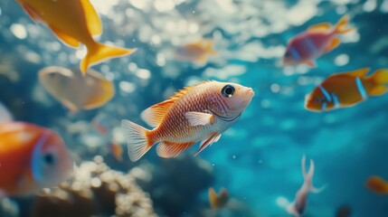 Fototapeta premium A vibrant orange fish swimming gracefully through a colorful underwater scene.