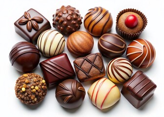 Luxurious Chocolate Pralines: Gourmet Assortment, Top View, Isolated on White