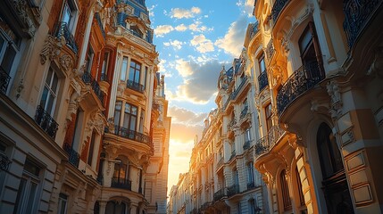 Fototapeta premium Vintage City Charm Ornate Art Deco Facades Illuminate Timeless Cityscape at Sunset