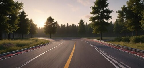 Fototapeta premium Wide outdoor racetrack surrounded by trees in the evening, competition, landscape, nature