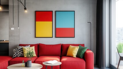 Stylish Modern Living Room Featuring a Bold Red Sofa and Contemporary Decor