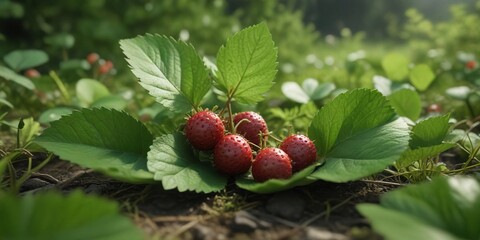 Wild strawberries nestled among green leaves in a secluded meadow, miniature fruit, close to nature, enticing, delicate, backyard