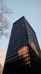 A sleek skyscraper with reflective glass showcases the cityscape during sunset, offering a blend of modern architecture and natural beauty.