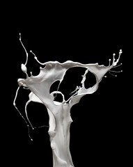 Energetic splash of milk or white paint isolated on black background