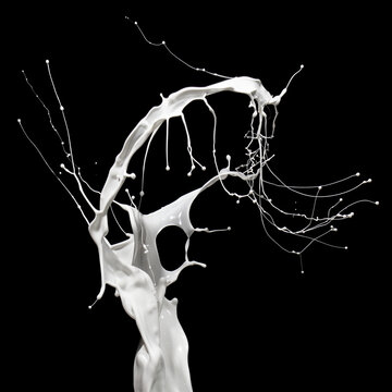 Energetic splash of milk or white paint isolated on black background