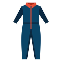 Navy Workwear Jumpsuit with Orange Collar, Flat vector illustration of a navy blue workwear jumpsuit featuring an orange collar, long sleeves, and a professional design. 
