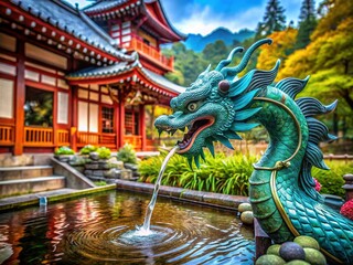 Fototapeta premium Hakone Shinto Shrine Dragon Fountain: Serene Japanese Garden Water Feature