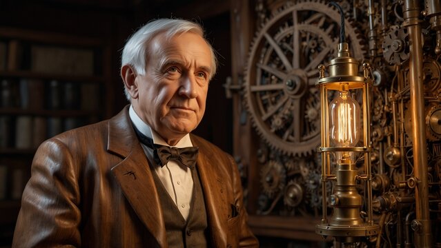A majestic wooden carving of Thomas Edison, depicted with a lightbulb and a scientific instrument in hand, surrounded by carved electrical gears and patents.