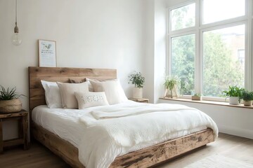 Minimalist bedroom with blurred background of bedside lamps and decor 