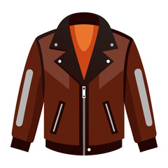 Brown Leather Jacket with Silver Accents, Vector illustration of a brown leather jacket featuring silver sleeve accents, an orange inner lining, and a bold lapel design, ideal for edgy fashion. 
