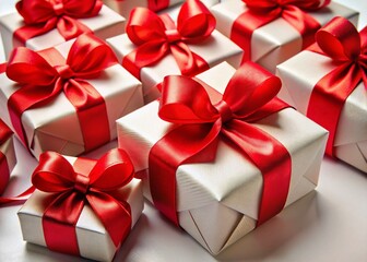 Fototapeta premium Luxurious Red Ribbon Wrapped Gift Boxes on White Background - Festive Holiday Presents