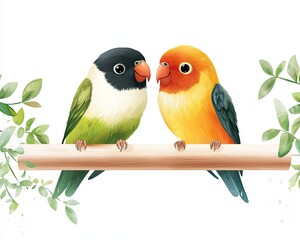 Fototapeta premium Two colorful birds perched closely on a branch surrounded by leaves.