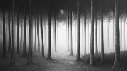 Naklejka premium Monochrome forest path disappearing into foggy light.