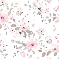 Floral watercolor seamless pattern with delicate abstract flowers, buds, leaves on branches and flying butterflies. Floral design illustration in vintage style, isolated print for textile or wallpaper