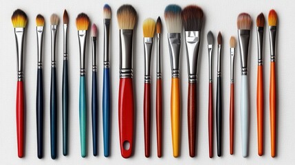 A diverse set of paintbrushes with varying bristle shapes and handle colors. Ideal for detailed work and various painting techniques.
